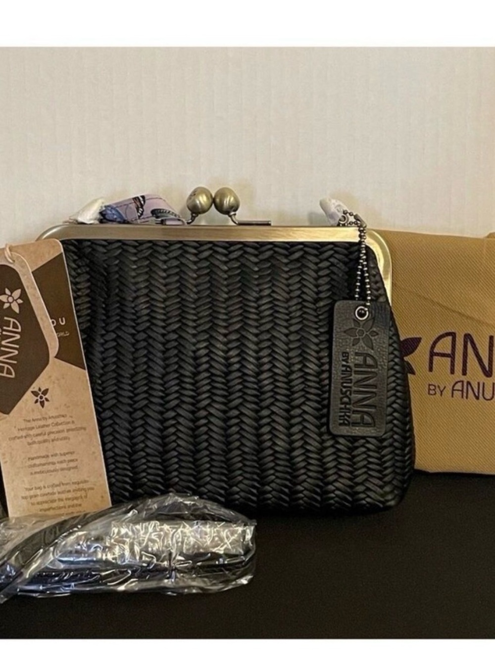 Anuschka Black Woven Shoulder Bag with Gold-Tone Frame